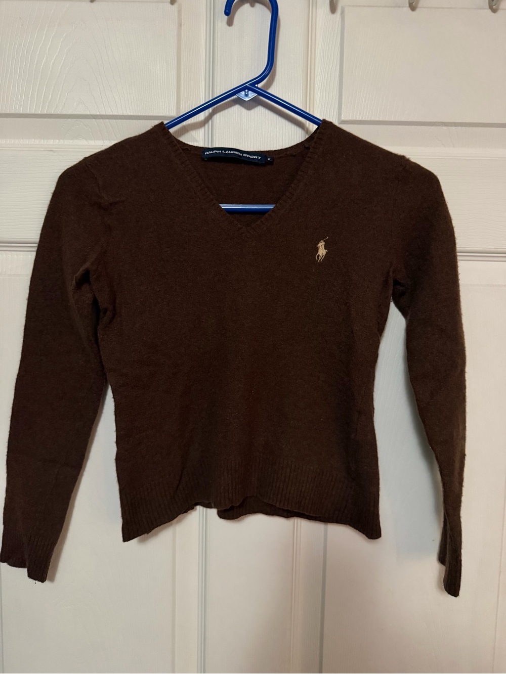 Ralph Lauren Chocolate Brown V-Neck Knit Sweater with Pony Logo